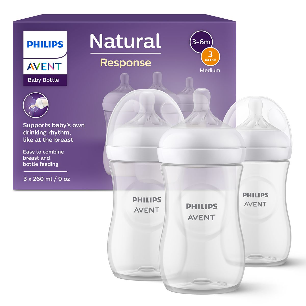 Philips Avent Natural Response, 3 Bottles, 9oz/260ml with Medium Flow Teat — by Seller — Baby & Kids — new product in South Africa
