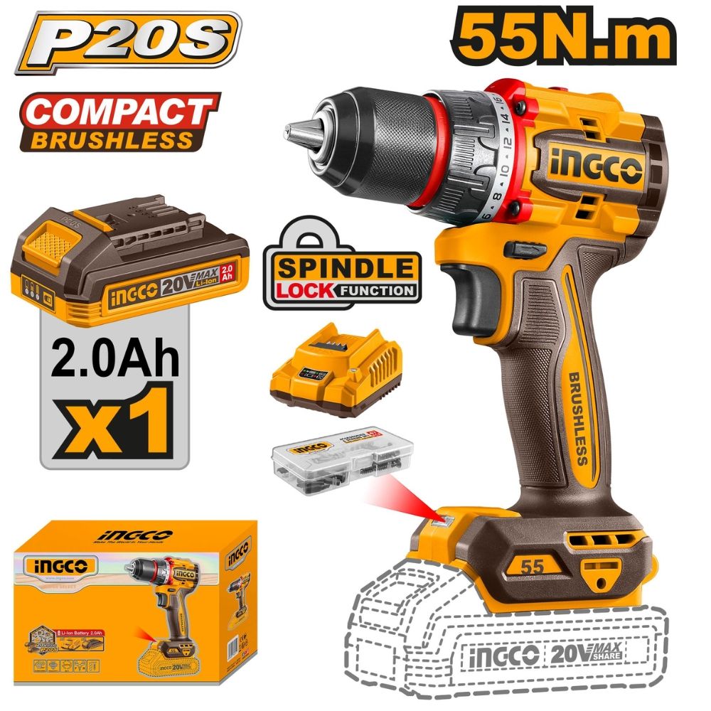 Ingco - Cordless Drill - Brushless - 55NM 20V - 1 x 2.0Ah Battery — by Durban Living & Co — Tools & DIY — new product in South Africa