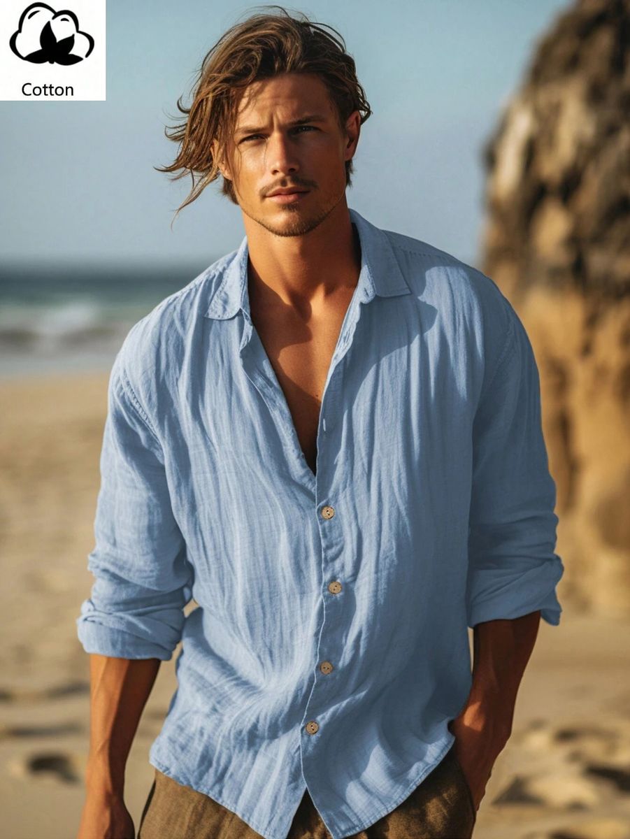 Linen Casual Shirts For Men -100% Linen Cotton Bohemian Shirt - Sky Blue — by Seller — Fashion & Clothing — new product in South Africa