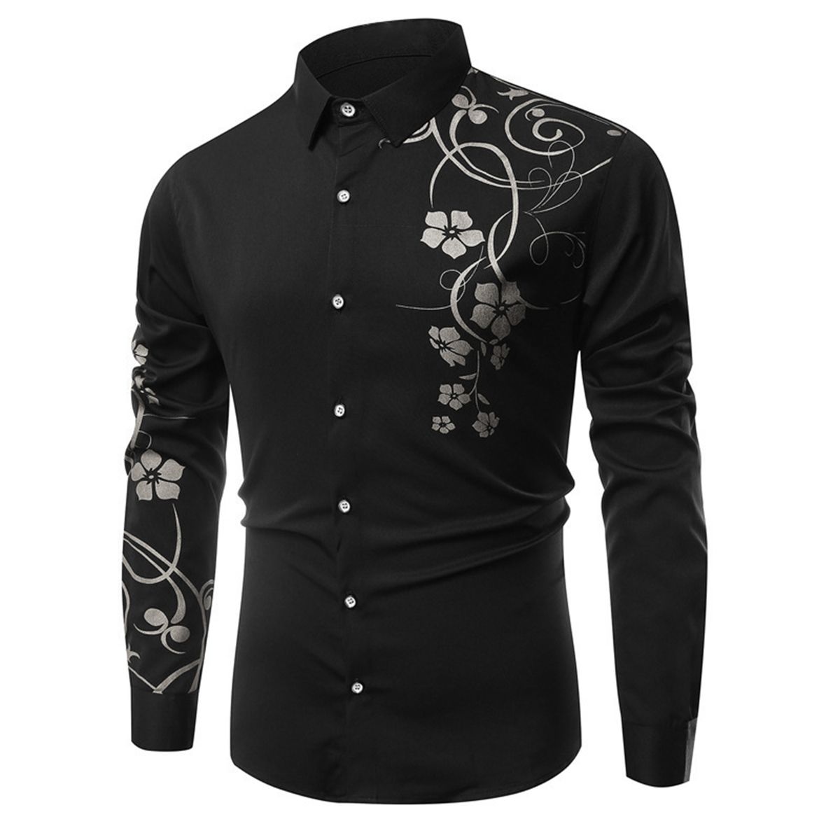 Floral Print Long Sleeve Dress Shirt Men Roll Neck Collar Polo Shirt — by Seller — Fashion & Clothing — new product in South Africa