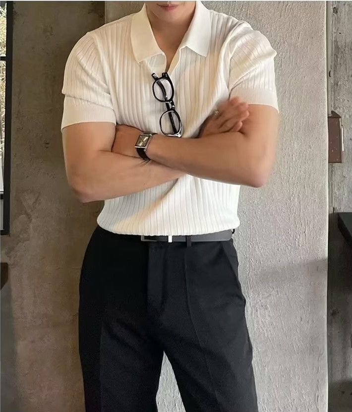 Men's Ribbed Knit Polo Shirt Old Money Knitted Golf Shirts For Men - White — by Seller — Fashion & Clothing — new product in South Africa
